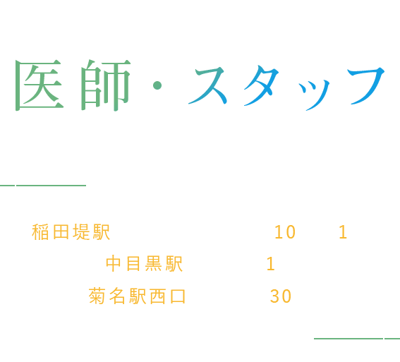 一緒に働ける医師・スタッフ大募集。稲田駅よりそれぞれ徒歩10秒、1分 中目黒駅より徒歩1分 菊名駅西口より徒歩30秒
